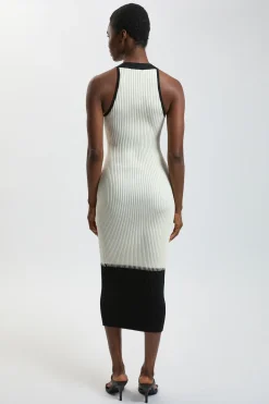 Robe Midi Sans Manches En Maille Côtelée Plissée À Blocs De Couleur