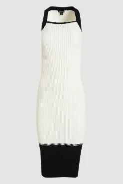 Robe Midi Sans Manches En Maille Côtelée Plissée À Blocs De Couleur