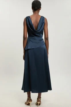 KarenMillen Robe Midi Sans Manches En Satin Texturé À Détail De Volants<Femme Robes Mi-Longues|Satin Et Dentelle