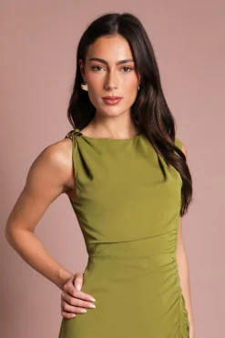 Robe Midi Sans Manches Froncée Avec Détail Boucle