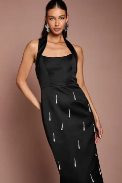 Robe Midi Satinée À Col Licou Avec Perle
