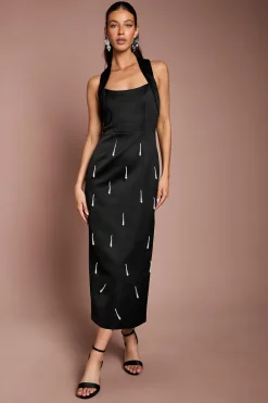 Robe Midi Satinée À Col Licou Avec Perle