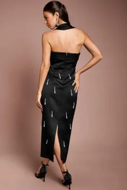 Robe Midi Satinée À Col Licou Avec Perle