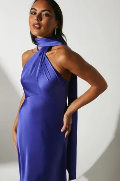 Robe Midi Satinée à Col Noué et Devant Croisé pour Invitée de Mariage