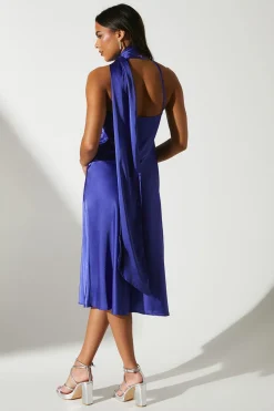 Robe Midi Satinée à Col Noué et Devant Croisé pour Invitée de Mariage