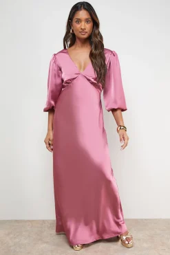Robe Midi Satinée à Col V et Manches Ballon Taillée en Biais