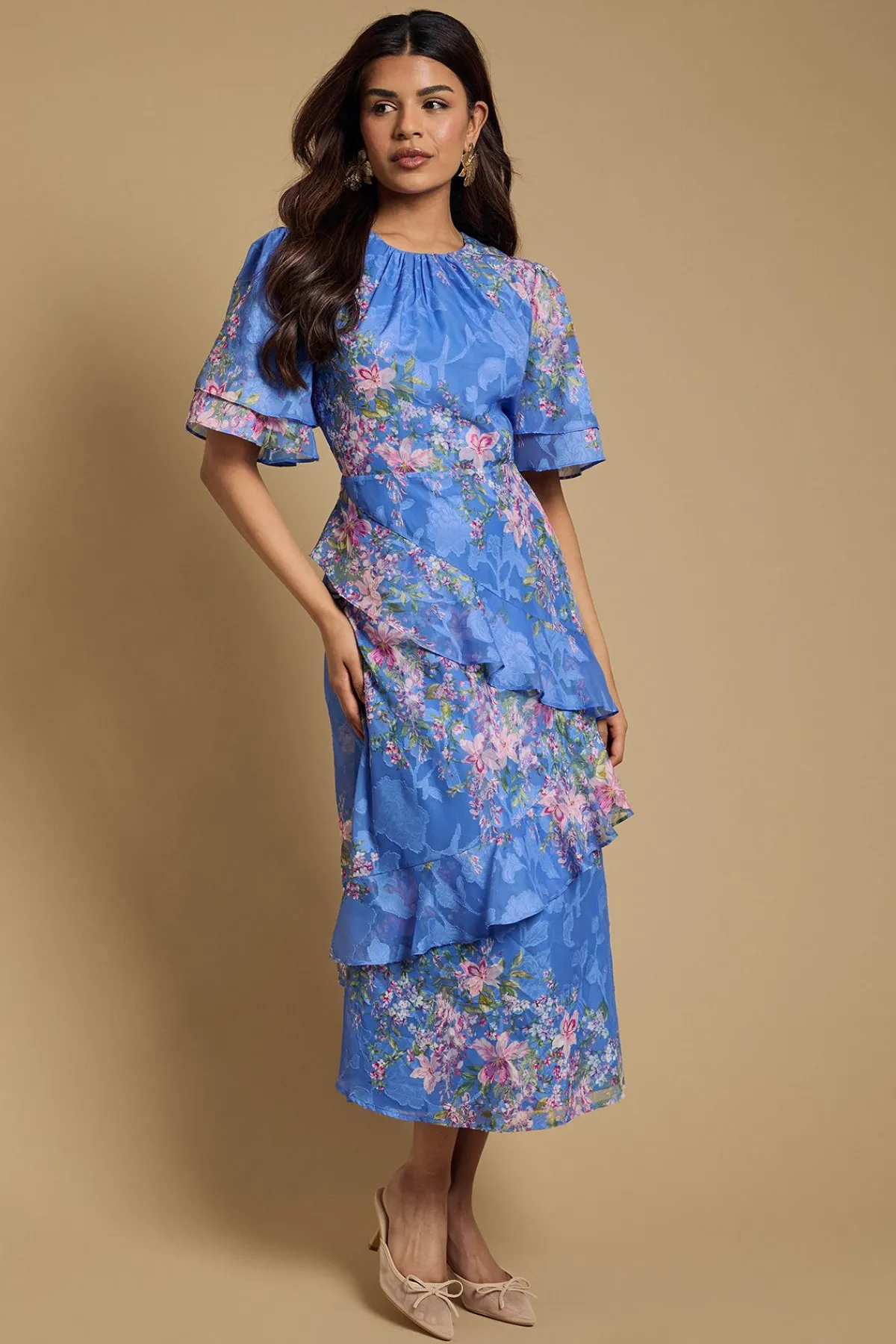 Oasis Robe Midi Satinée à Double Volant et Motif Dévoré<Femme Robes Mi-Longues|Satin Et Dentelle