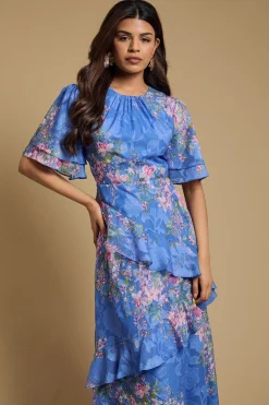 Oasis Robe Midi Satinée à Double Volant et Motif Dévoré<Femme Robes Mi-Longues|Satin Et Dentelle
