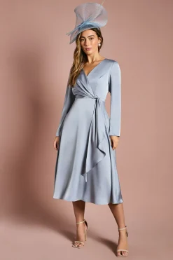 Coast Robe Midi Satinée à Manches Longues avec Drapé Cascade<Femme Robes Mi-Longues|Satin Et Dentelle