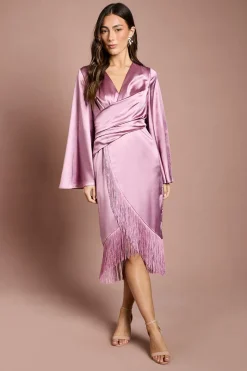 Robe Midi Satinée À Taille Cache-cœur Et Ourlet À Franges