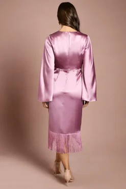 Robe Midi Satinée À Taille Cache-cœur Et Ourlet À Franges