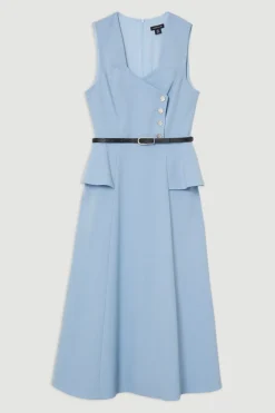 Robe midi stretch compacte ceinturée avec détail peplum et jupe pleine