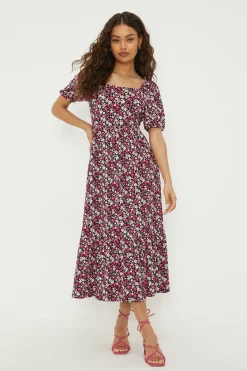 Robe Midi Étagée À Encolure Carrée Motif Ditsy Rose Petite Taille