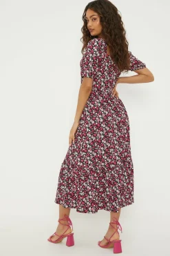 Robe Midi Étagée À Encolure Carrée Motif Ditsy Rose Petite Taille