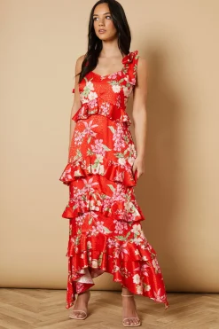 Robe Midi Étagée en Jacquard de Satin Imprimé