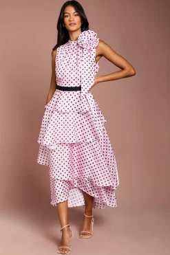 Robe Midi Étagée en Organza à Pois Petite Taille