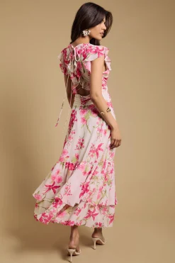 Robe Midi Étagée Petite à Imprimé avec Détail Torsadé Devant