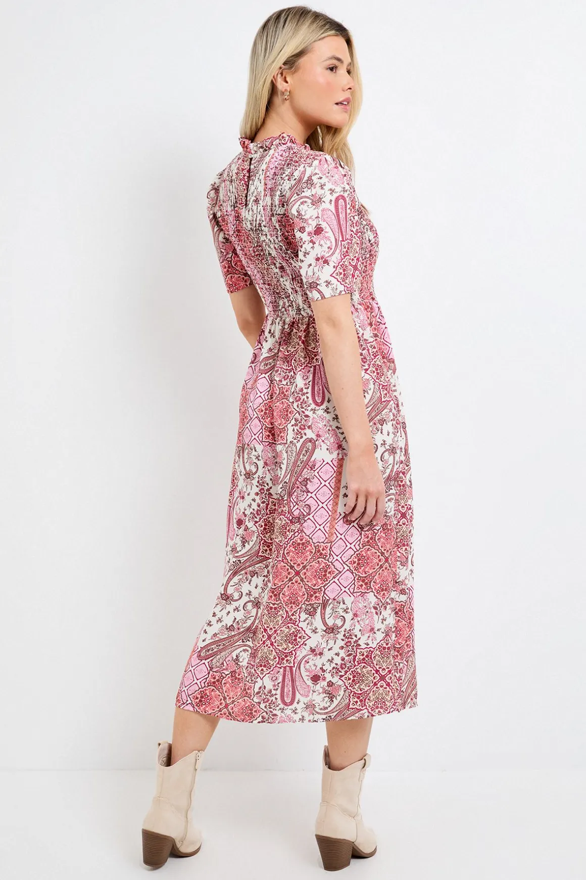Robe Midi À Taille Basse Avec Corsage Froncé Motif Paisley Rose
