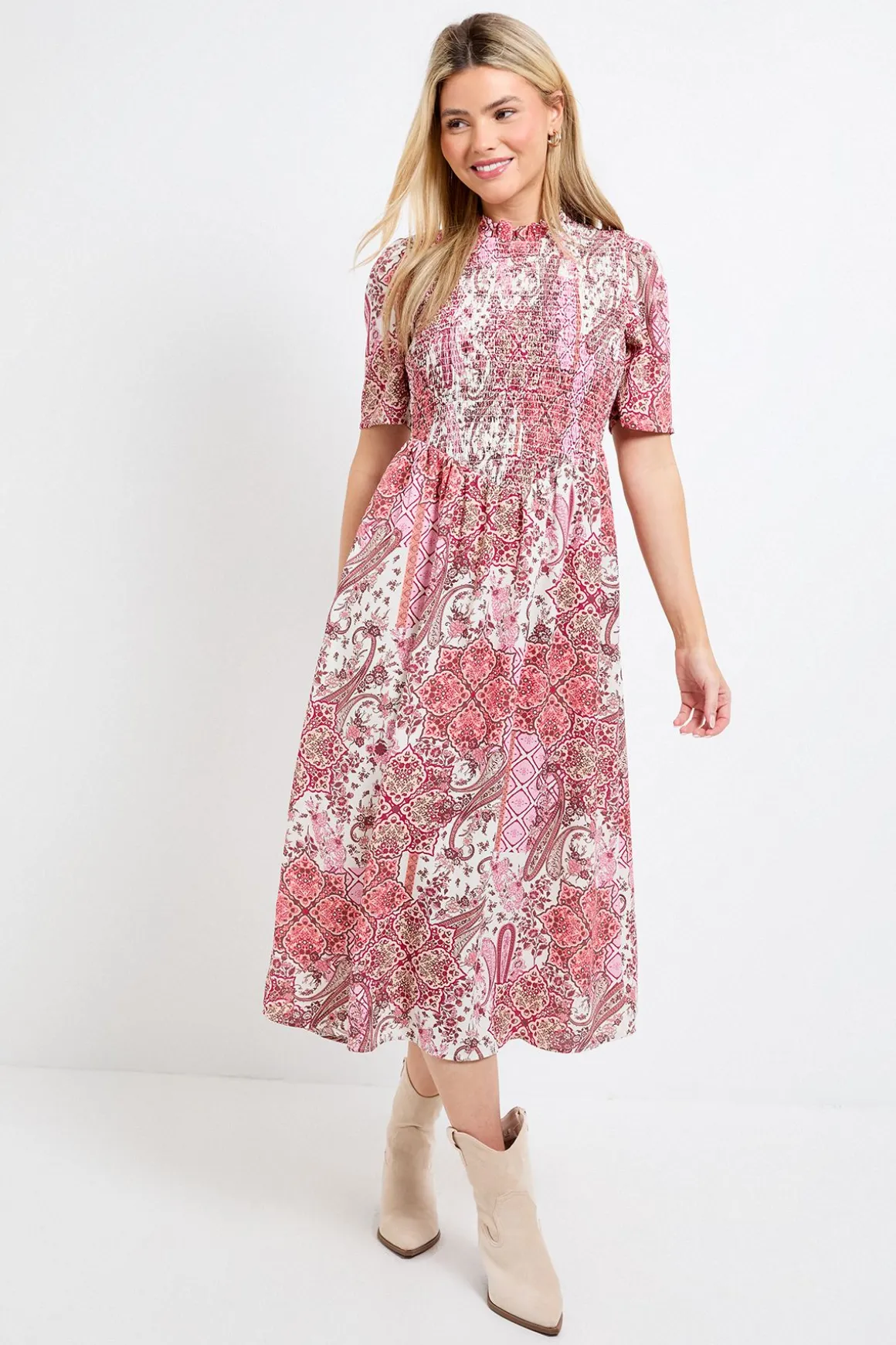 Robe Midi À Taille Basse Avec Corsage Froncé Motif Paisley Rose