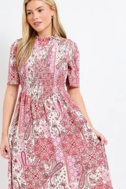 Robe Midi À Taille Basse Avec Corsage Froncé Motif Paisley Rose