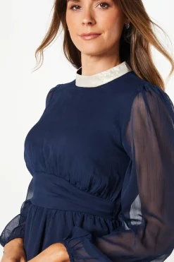 Robe Midi Taille Froncée avec Finitions Métallisées