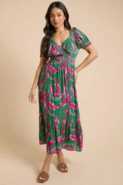 Dorothy Perkins Robe Midi À Taille Froncée Et Ourlet Étagé Imprimé Palmier Petite<Femme Robes|Robes Mi-Longues