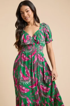 Dorothy Perkins Robe Midi À Taille Froncée Et Ourlet Étagé Imprimé Palmier Petite<Femme Robes|Robes Mi-Longues