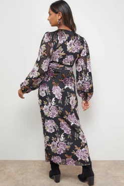 Robe Midi Tea Dévoré à Col V et Manches Bouffantes