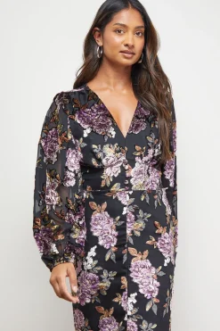 Robe Midi Tea Dévoré à Col V et Manches Bouffantes