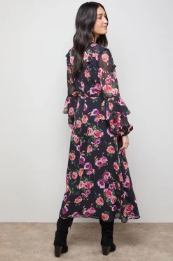 Robe Midi Tea à Épaules Volantées et Détails d'Imprimé Contrastant