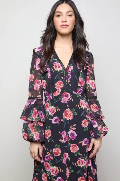 Robe Midi Tea à Épaules Volantées et Détails d'Imprimé Contrastant