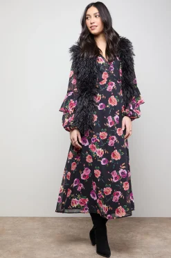Robe Midi Tea à Épaules Volantées et Détails d'Imprimé Contrastant