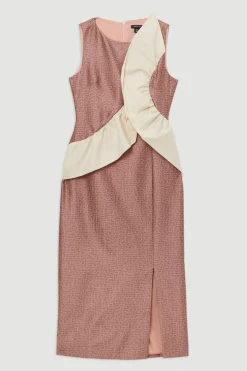 Robe midi texturée, ajustée, en taffetas contraste avec volant