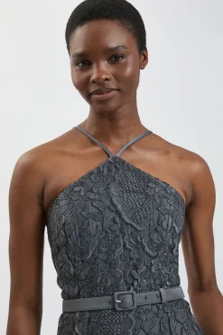 Robe Midi Texturée En Satin Avec Dentelle Et Col Licou Ceinturée Petite