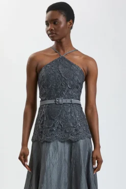 Robe Midi Texturée En Satin Avec Dentelle Et Col Licou Ceinturée Petite