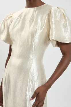 KarenMillen Robe Midi Texturée Métallisée À Manches Bouffantes Petite<Femme Robes|Robes Mi-Longues