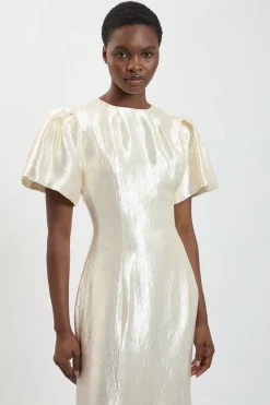 KarenMillen Robe Midi Texturée Métallisée À Manches Bouffantes Petite<Femme Robes|Robes Mi-Longues