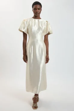 KarenMillen Robe Midi Texturée Métallisée À Manches Bouffantes Petite<Femme Robes|Robes Mi-Longues