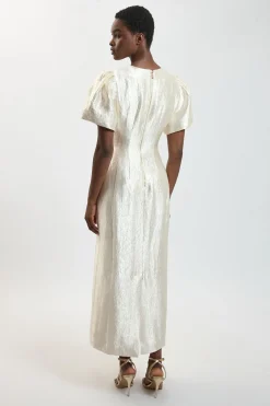 KarenMillen Robe Midi Texturée Métallisée À Manches Bouffantes Petite<Femme Robes|Robes Mi-Longues