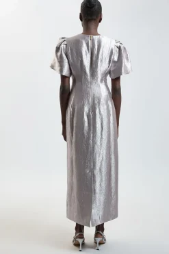 Robe Midi Texturée Métallisée À Manches Bouffantes
