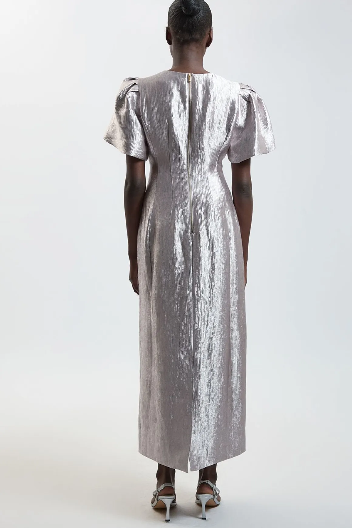 Robe Midi Texturée Métallisée À Manches Bouffantes