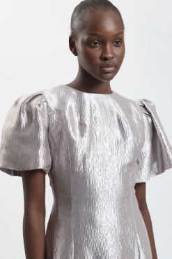 Robe Midi Texturée Métallisée À Manches Bouffantes