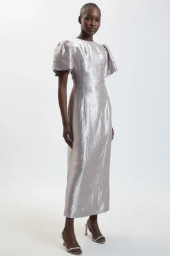 Robe Midi Texturée Métallisée À Manches Bouffantes