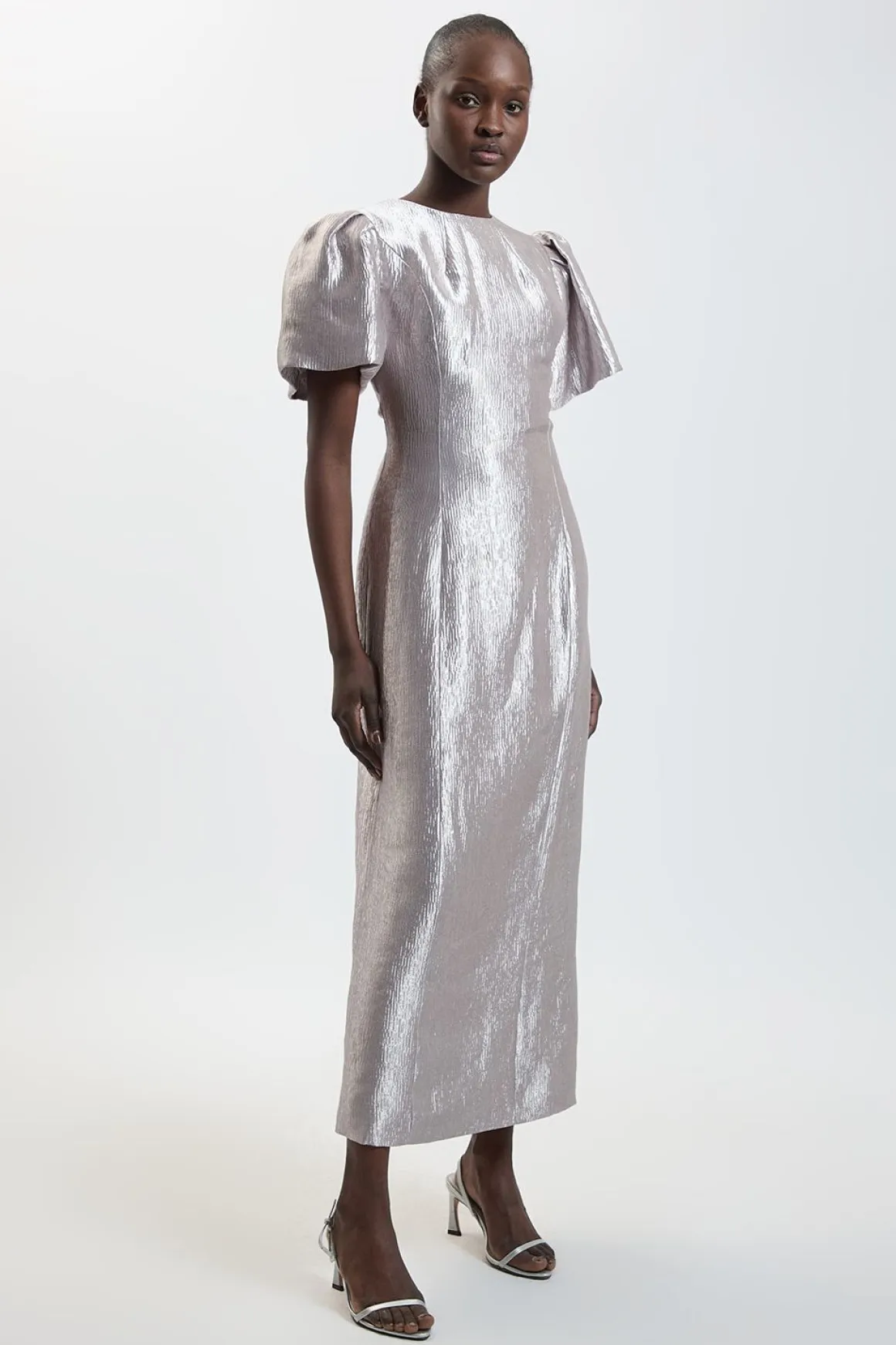 Robe Midi Texturée Métallisée À Manches Bouffantes