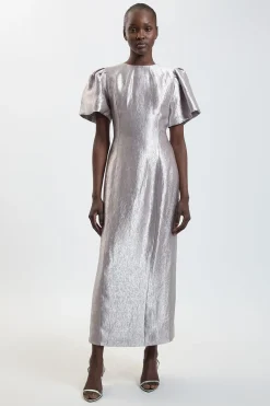 Robe Midi Texturée Métallisée À Manches Bouffantes