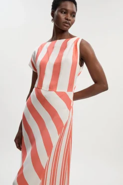 Robe Midi Tissée Asymétrique à Rayures en Mélange Viscose Lin