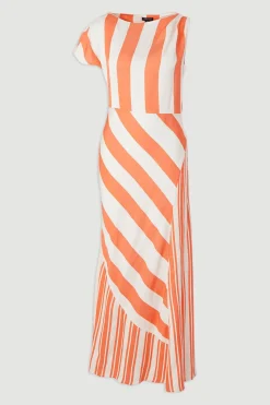 Robe Midi Tissée Asymétrique à Rayures en Mélange Viscose Lin