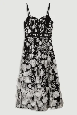 Robe midi tissée avec détail corset en appliques florales