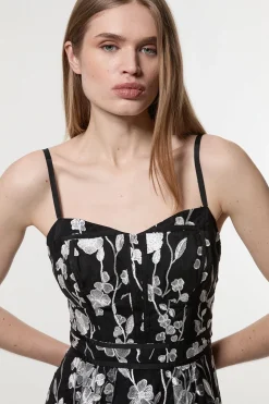 Robe midi tissée avec détail corset en appliques florales
