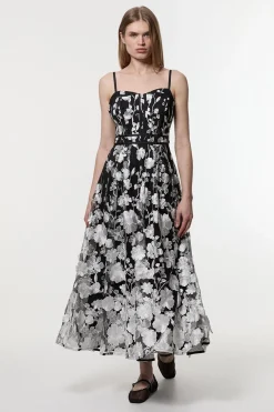 Robe midi tissée avec détail corset en appliques florales